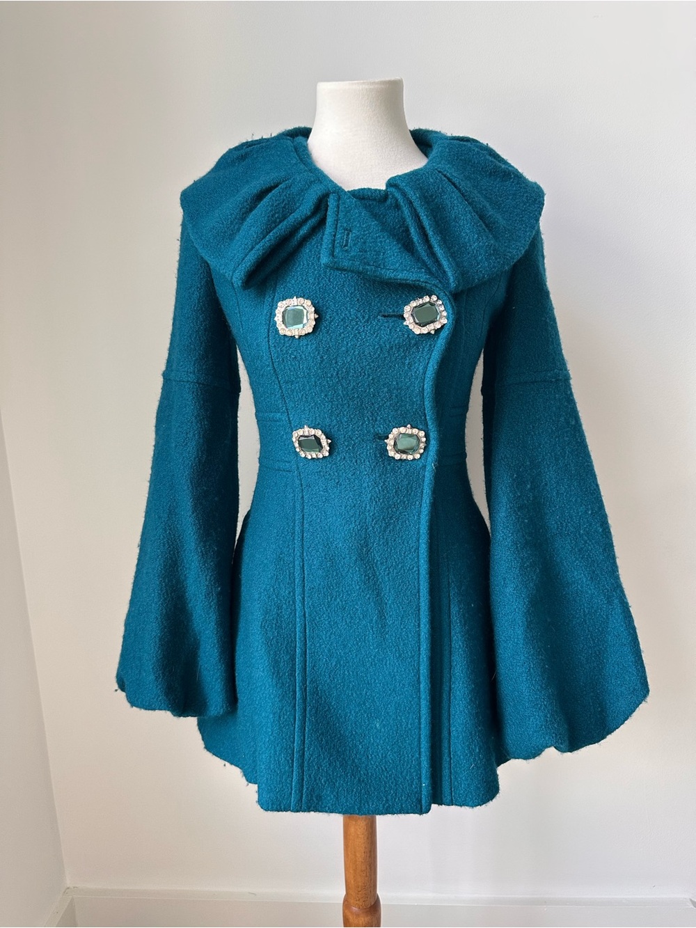 Vintage Arden B. Teal Pea Coat with Pleated Collar Jeweled Buttons Flared Sleeve